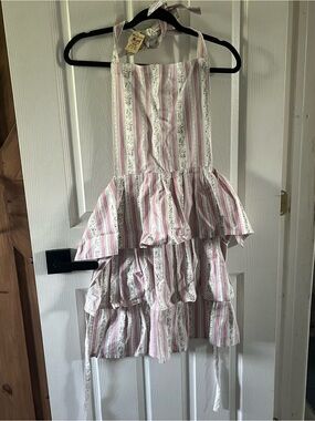 Tiered Ruffled Apron - Pink Floral Stripe Cottagecore